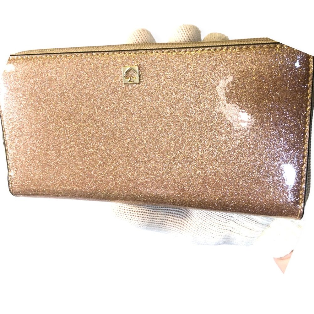 Kate Spade Pink Wallet - Continental Rose Gold Glitter zip-around NWOT - See vid